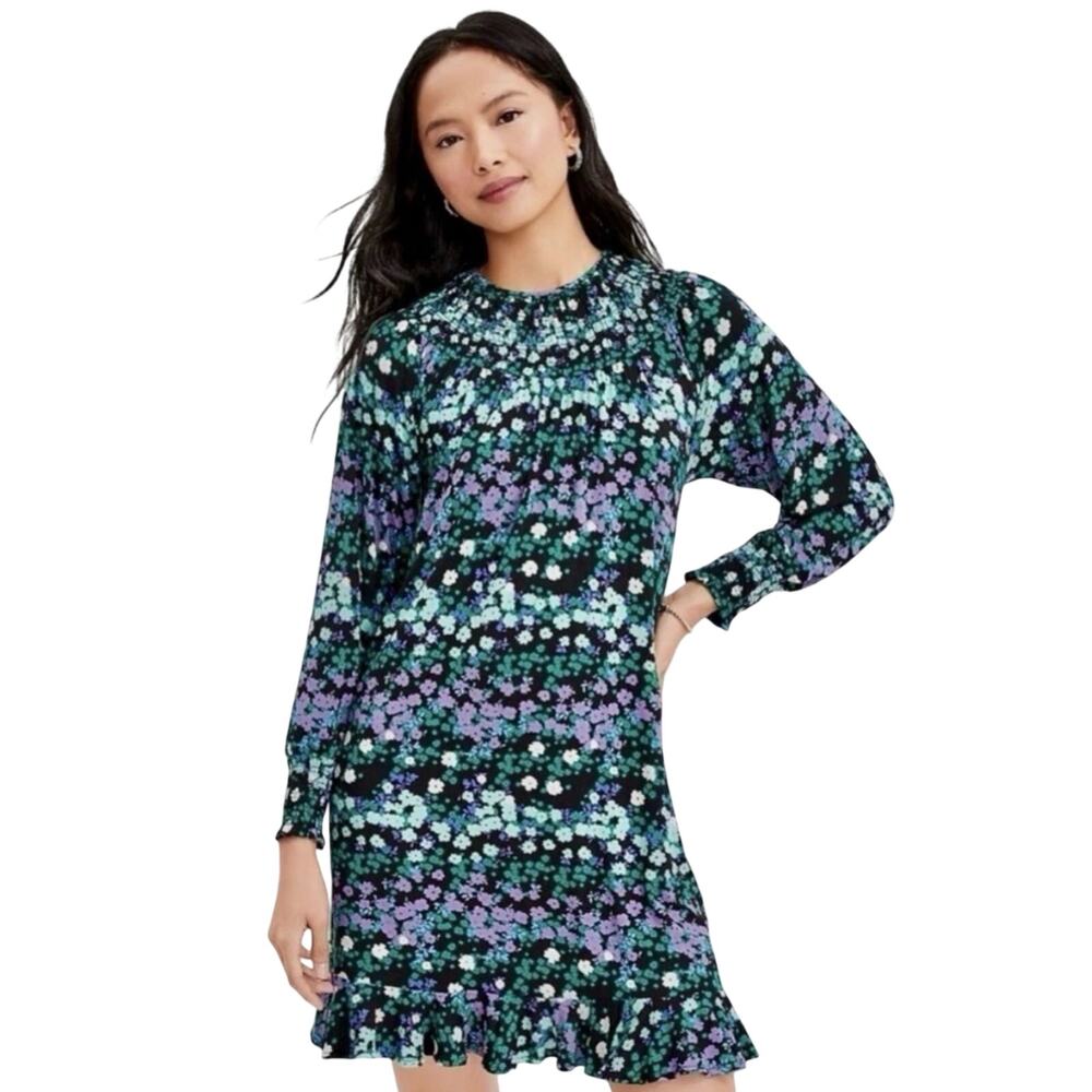 LOFT Smocked Floral Dress Womens Medium Green Purple Ruffled Scoop Neck Belted